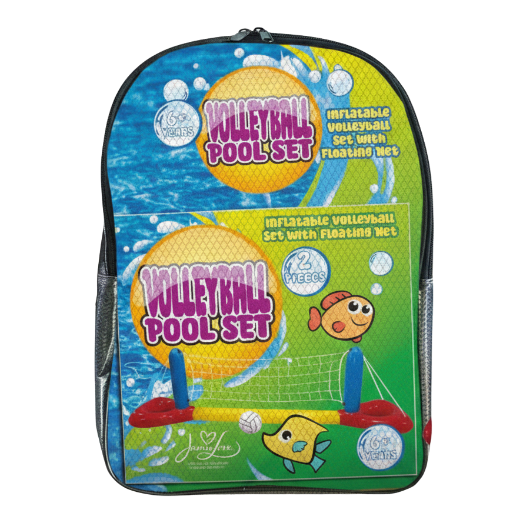 Jamie Love Volleyball Pool Set EVA backpack — inflatable volleyball set with floating net, ages 6+